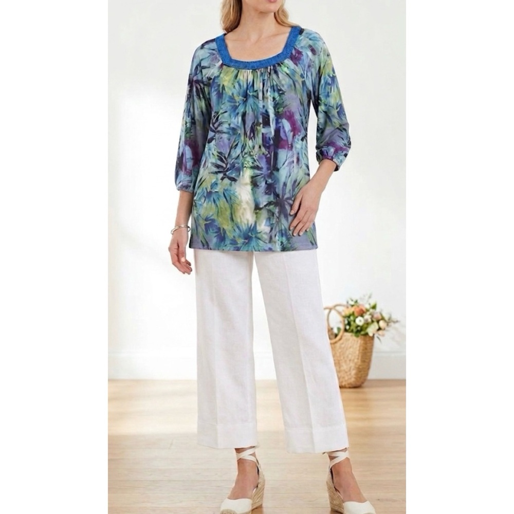 SOFT SURROUNDINGS BOHO TOP L/XL EMBROIDERED FLORAL COASTAL RESORT CRUISE WEAR